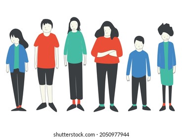 Diverse people standing together vector flat illustration. Group man, woman and children of different ages isolated. United of various generations. Social diversity or population.