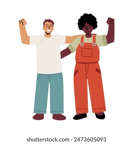 Diverse people stick together, multicultural group vector flat illustration. Cartoon demonstration Human rights male characters, fists up. Community society tolerance, equal rights, liberation protest