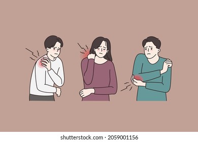 Las personas diversas sufren de dolor agudo grave, tienen espasmos o cepas musculares. Hombres y mujeres luchan contra la lesión o el trauma. Problema de salud, concepto de enfermedad. Ilustración vectorial plana. 