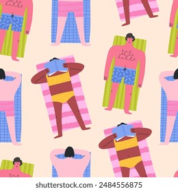 Gente diversa tomando el sol en la playa, patrón sin fisuras, Ilustración vectorial plana. Vacaciones de verano con personajes tirados en la arena, estilo de dibujos animados.