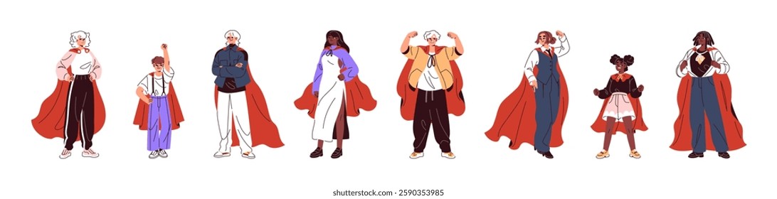 Diverse people are superheroes set. Men, women and kids are wearing red cloak, stand with hand up. Brave characters with cape are super heroes. Flat isolated vector illustrations on white background