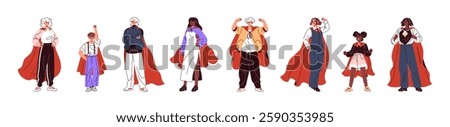 Diverse people are superheroes set. Men, women and kids are wearing red cloak, stand with hand up. Brave characters with cape are super heroes. Flat isolated vector illustrations on white background