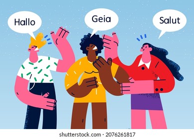 Diverse people talk communicate in different languages. International friends from various countries speak and chat. Diversity concept. Communication around globe. Flat vector illustration. 