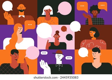 Diverse people talk. Expressing opinion, communication. Face avatars set. Group. Team call. Abstract male, female character. Colorful head portraits. Men, women. Funny colored flat vector illustration