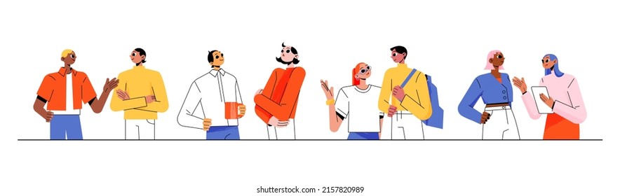 Diverse People Talk Together. Concept Of Social Network, Conversation, Communication In Team. Vector Flat Illustration Of Friends Dialog, Students And Workers Characters Speak With Each Other