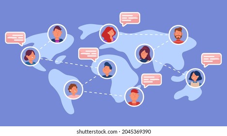 Diverse people talking to friends worldwide. Men and women from different countries on world map flat vector illustration. Global communication, social media or network concept for banner