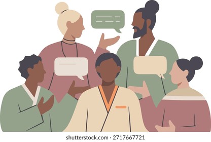 Diverse People Talking and Sharing Ideas Flat Vector Illustration. Community Dialogue and Social Interaction Flat Design Illustration. Multicultural Group Communication Concept Vector Illustration.