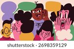 Diverse people talking something to others, spreading secrets, news, rumors, gossiping, whispering in ear. Various reactions, emotions. Cute characters, speech bubbles. Hand drawn Vector illustration