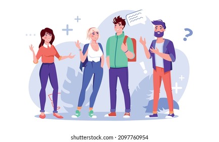 Diversas personas hablando, pensando, teniendo una buena conversación, preguntando por la búsqueda de ilustración vectorial plana. Concepto de comunicación