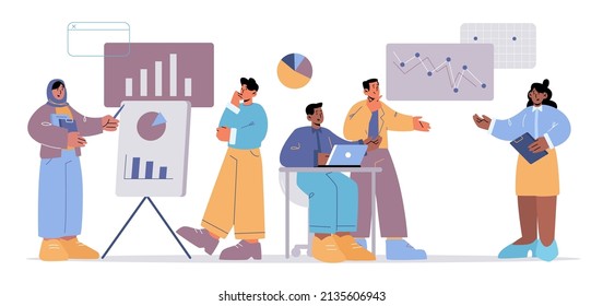 Diverse people team work with analytic data on dashboard with graphs and charts. Vector flat illustration of business analysis, teamwork of multiracial employees