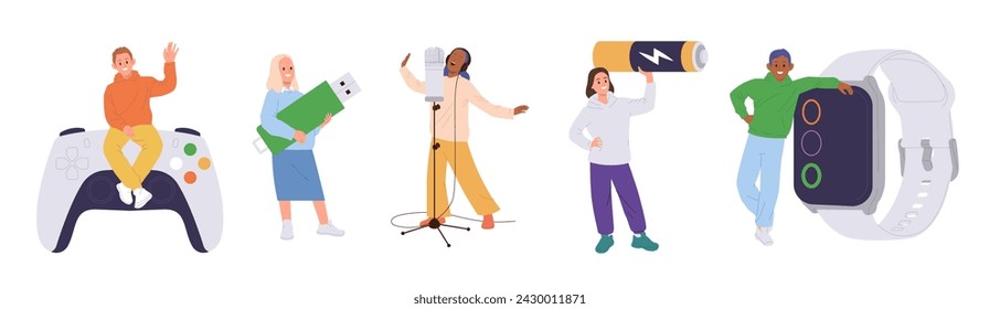 Diverse people tiny cartoon characters with big electronics isolated set on white background