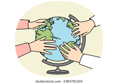 Diversas personas tocan el mundo interesado en la geografía. Las manos giran la esfera terrestre. Conservación del medio ambiente y educación. Ilustración vectorial.