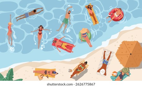 Diverse people tourist characters enjoying summer vacation at tropical sea beach cartoon scene overhead view. Holiday activity outdoors at seashore on exotic island resort vector illustration