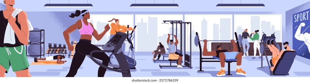 Diverse people training in gym panorama. Athletes do physical exercises with sports equipment indoor. Men and women do cardio workout on treadmill, weightlifting with barbell. Flat vector illustration