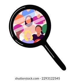 Diverse people under magnifying glass. Candidates, employees, workers. Applying for job, recruitment, hiring concept. Vector illustration isolated on transparent background