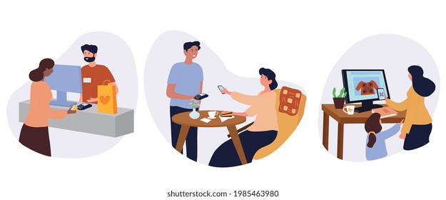 Diverse people use digital cashless payment systems and scan qr code. Banking services and applications for accumulation of bonuses. Contactless pay concept. Set of flat cartoon vector illustrations