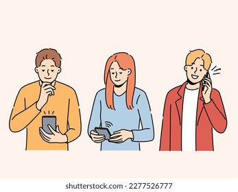 Diverse people use gadgets communicate online. Group of multiracial men and women message or talk on cellphones. Communication and technology. Vector illustration. 