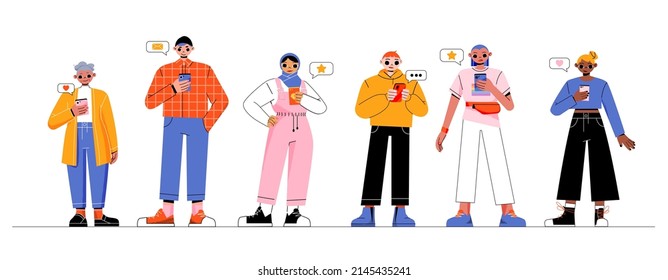 Diverse people use mobile phone. Vector flat illustration of multiracial group with smartphones, girl in hijab, senior adult woman, young characters with gadgets