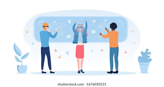 Diverse people using 3d virtual reality goggles with multiethnic people standing using a digital virtual screen simulation for augmented research, entertainment or education, vector illustration