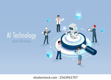 Diverse people using AI robot on magnifying glass as powerful search engine for smart data analyzing. Artificial intelligence innovation technology to define smart solution. 3D vector.