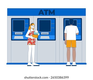 Diverse people using ATM machines for banking transactions 2D vector illustration. Woman with wallet, black man withdrawing money flat characters isolated on white background. Colorful cartoon image
