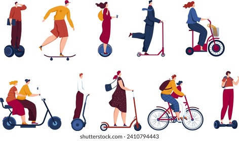 Diverse people using eco-friendly transport like electric scooters, bikes, skateboard. Urban micromobility concept with men and women commuting. Modern city life and sustainable transport vector