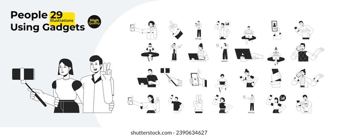 Diverse people using gadgets black and white cartoon flat illustration bundle. Selfie taking, typing laptop, holding phone 2D lineart characters isolated. Monochrome vector outline image collection