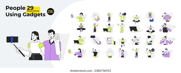 Diverse people using gadgets line cartoon flat illustration bundle. Selfie taking, typing laptop, holding mobile phone 2D lineart characters isolated on white background. Vector color image collection