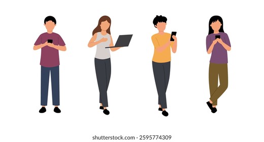 Diverse people using mobile devices and a laptop, showcasing modern technology.