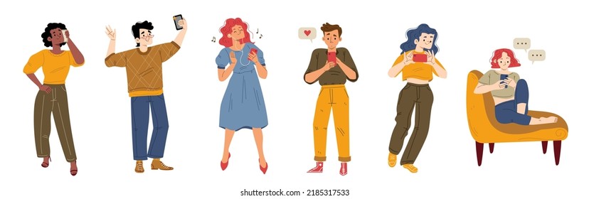 Diverse people using mobile phone for talking, take photo, listen music and chat. Vector flat illustration of online communication and using gadget with happy persons with smartphone