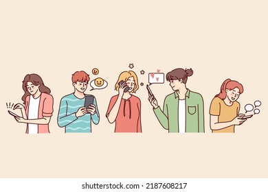 Diverse people using modern mobile phones chatting and texting online. Men and women with smartphones messaging on internet or social media. Vector illustration. 