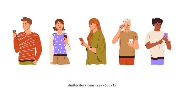 Diverse people using modern mobile phones, chatting and online messaging. Men and women holding smartphones, surfing internet, social media. Flat vector illustration isolated on white background