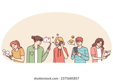 Diverse people using modern mobile phones chatting and texting online. Men and women with smartphones messaging on internet or social media. Vector illustration.
