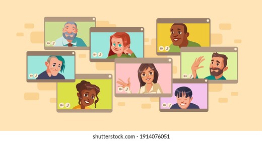 Diverse People Virtual Online Video Conference, Multiple Computer Screens With Multiracial Characters Chatting. Business Colleagues Or Friends Meeting, Distant Communication, Cartoon Illustration