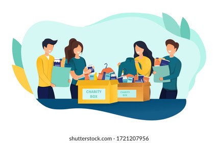 Diverse People Volunteering For Charitable Work Collecting Items And Bringing Them To A Central Depot For Distribution, Colored Vector Illustration