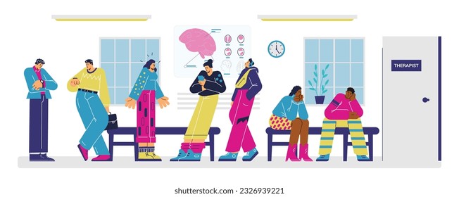 Diverse people waiting in line in therapist office, flat vector illustration isolated on white background. Bored and annoyed men and women in hospital waiting room. Healthcare concept.