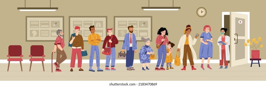 Diverse people waiting in queue to doctor in hospital hall. Vector cartoon illustration of medical clinic interior with patients standing in line and woman nurse