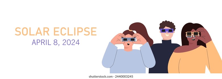 Diverse people watching total solar eclipse 2024. Horizontal banner, poster, backdrop template with copy space for text. Modern flat cartoon vector illustration isolated on white background