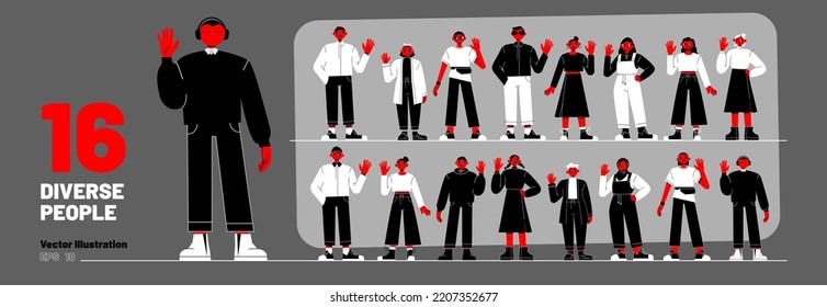 Diverse People Waving Hand In Greeting Gesture. Multiracial Group Of People, Young And Elderly Characters Portraits, Vector Red, Black And White Illustration