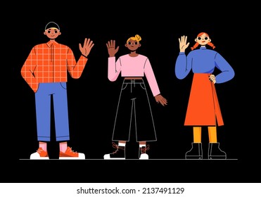 Diverse people waving hands, multinational happy young male and female characters in casual clothes greeting gesturing, positive friendly gestures, body language. Line art flat vector illustration