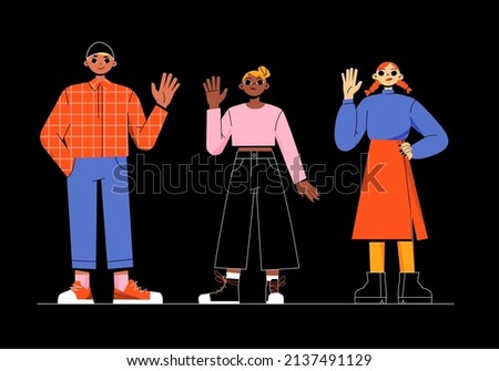 Diverse people waving hands, multinational happy young male and female characters in casual clothes greeting gesturing, positive friendly gestures, body language. Line art flat vector illustration