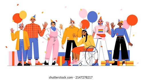 Diverse people waving hands on birthday party. Happy characters, girl in wheelchair, muslim woman, lgbt person celebrate holiday together. Vector flat illustration of friends, balloons and gift boxes