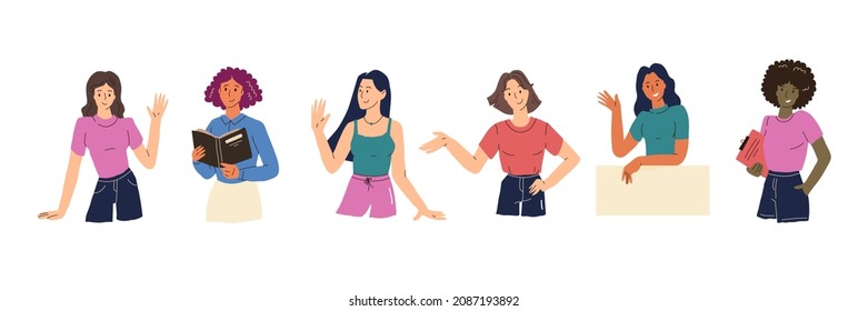 diverse people waving, saying hi and welcoming. Portrait of multi-ethnic women standing together. Colored flat cartoon vector illustration isolated on white background. Vector illustration