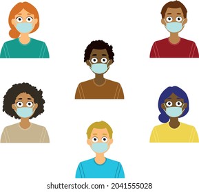 Diverse people wearing mask, hygiene care coronavirus, colorfull clothes, 