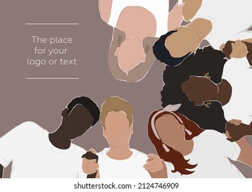 diverse people in white t-shirts hold each other's hands. Modern illustration with empty space for text or logo.