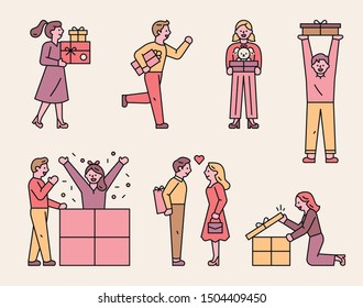 Diverse people who convey love as a gift. flat design style minimal vector illustration