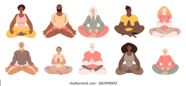 Diverse people women and men doing meditation. Minimal vector illustration set isolated on white.