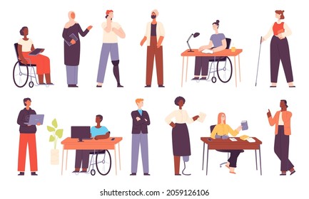 Diverse people work, office multicultural workers or students. Muslim business woman. Inclusion workplace with disabled character vector set. Employees on wheelchair and with prosthesis working