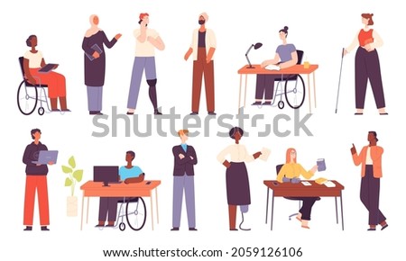 Diverse people work, office multicultural workers or students. Muslim business woman. Inclusion workplace with disabled character vector set. Employees on wheelchair and with prosthesis working