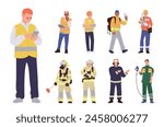 Diverse people worker isolated cartoon characters wearing safety reflector clothes and hardhat